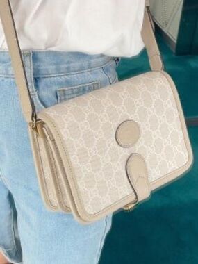 Gucci Beige Monogram Canvas Crossbody with Leather Trim